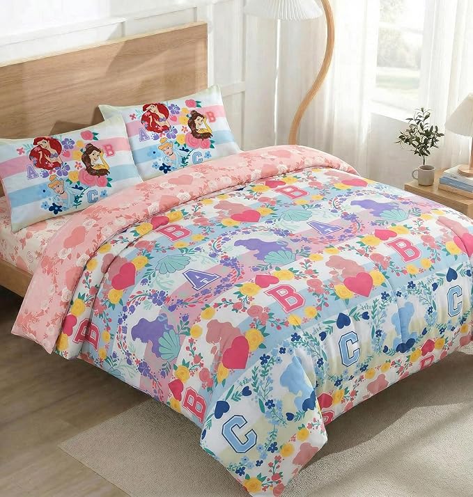 Northwest Disney Princess Full Size Comforter Set, 5 Piece Reversible Design Ultra Soft Fade Resistant Microfiber Kids Bedding Set, Officially Licensed