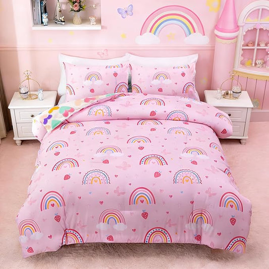 Btargot Lightweight Soft 3 Piece Rainbow Comforter Set with 2 Pillow Covers, Cartoon Butterfly Leaves Flowers Bedding Set for Girls Boys Kids, Twin Pink