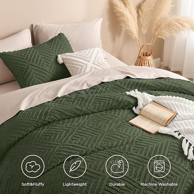 Andency Olive Green California King Comforter Qversized 120''x98'', 3 Pieces Boho Bedding Set & Collections, Farmhouse Tufted Fluffy Bed Set (1 Comforter, 2 Pillowcases)
