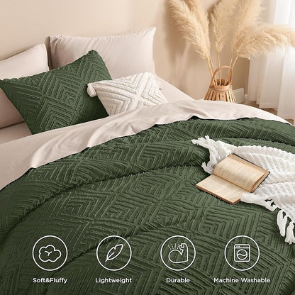 Andency Dark Olive Green Comforter Set King Size, 3 Pieces Boho Men Bedding Set & Collections, Farmhouse Tufted Fluffy Bedding Comforter Set for All Seasons (1 Comforter 104x90In, 2 Pillowcases)