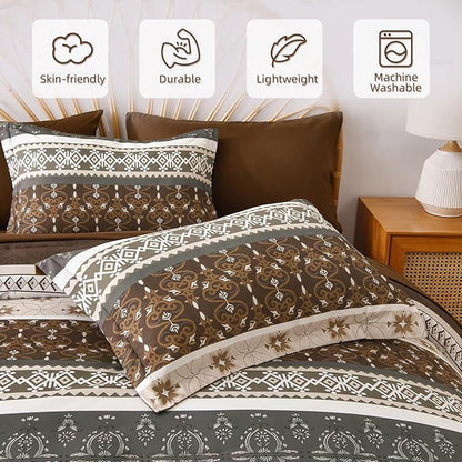 WONGS BEDDING Boho Comforter Set King, 7 Pieces Brown Comforter and Sheet Set,Bohemian Striped Floral Pattern Comforter Bedding Set,Soft Microfiber Bed in a Bag for All Season