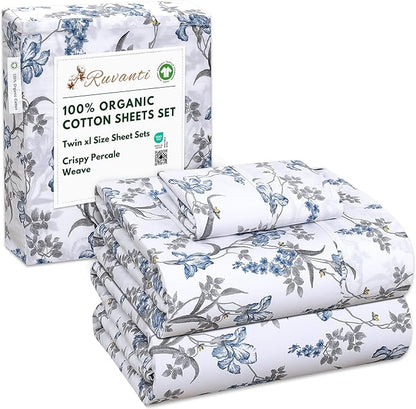 RUVANTI 100% Organic Cotton Sheets Twin XL, Percale Weave, GOTS Certified, 3-Piece Set, Deep Pocket 15", Crisp & Breathable, Soft Durable Bedding, Sábanas Algodón Orgánico – Deluxe