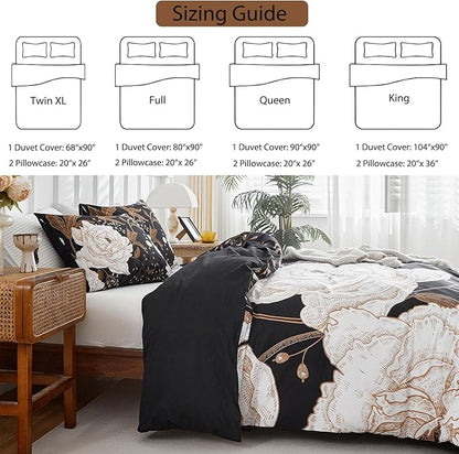 mixinni Floral Duvet Cover King Size, 3 Pieces White Flowers and Gold Leaves Printed on Black Bedding Set, Soft Premium Cotton Reversible Elegant Floral Duvet Cover Set for All Season-King Size