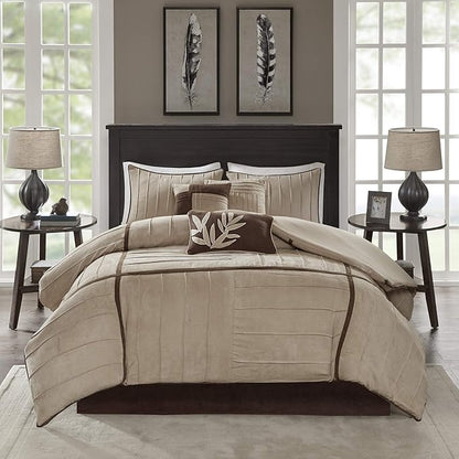 Madison Park Cozy Comforter Set Casual Blocks Design All Season, Matching Bed Skirt, Decorative Pillows, Cal King(104"x92"), Dune Suede, Beige Brown, 7 Piece