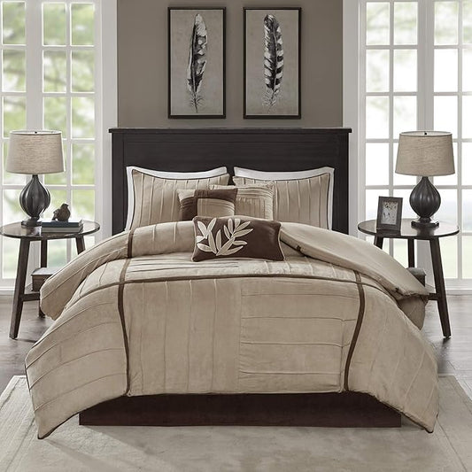 Madison Park Cozy Comforter Set Casual Blocks Design All Season, Matching Bed Skirt, Decorative Pillows, Cal King(104"x92"), Dune Suede, Beige Brown, 7 Piece