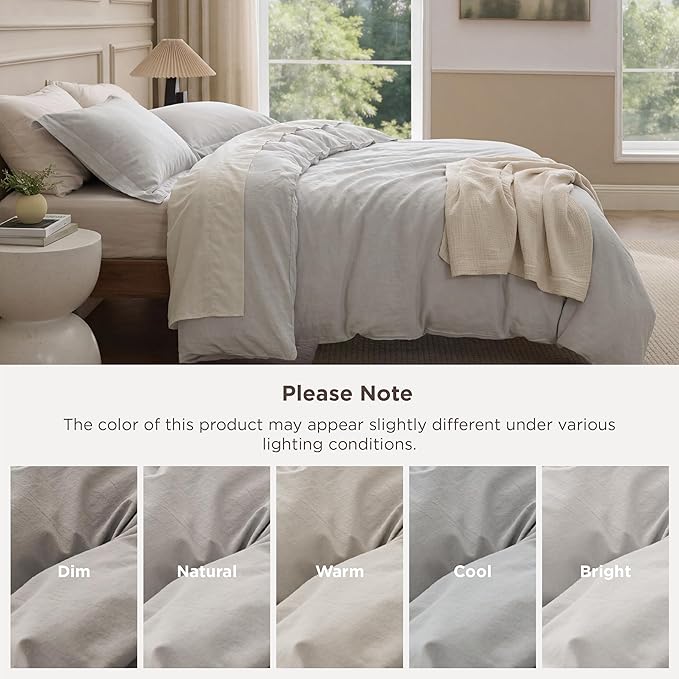 Bedsure 100% Washed Cotton Duvet Cover King - Light Grey Minimalist Bedding Set Linen Like - PureWoven Plain Simple & Soft Comforter Cover for All Seasons (King, 104"x90")