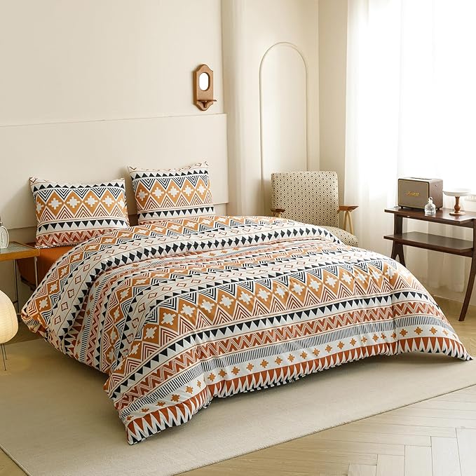 KAREVER Boho Comforter Cal King Aztec Bedding Set Southwest Theme 3 PCs Bohemian Comforter Set Pumpkin White California King Size Comforter (104x96 Inches) with 2 Pillowcases (26x36 inches)