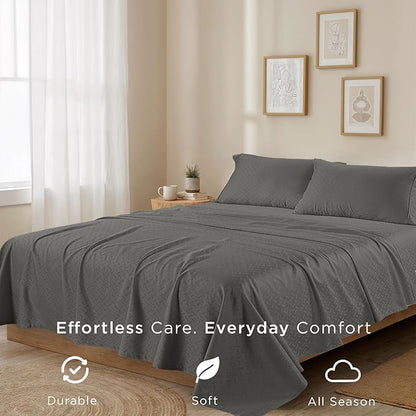 Threadmill Cotton Twin Sheet Set | 100% Cotton Sheets for Twin Size Bed | Damask Jacquard Sateen Twin Bed Sheets Set with 16” Deep Pocket | Soft Breathable 3-Piece Cooling Sheet Set | Dark Grey