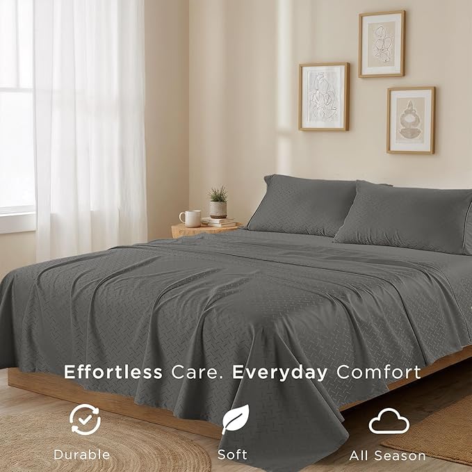 Threadmill Cotton Queen Sheet Set | 100% Cotton Sheets for Queen Size Bed | Damask Jacquard Queen Bed Sheets Set with 16” Deep Pocket | Soft Sateen Weave 4-Piece Cooling Bedding Set | Dark Grey