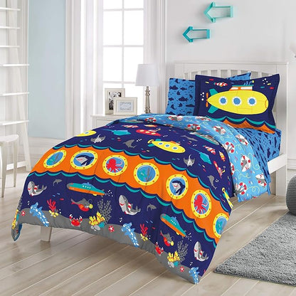 dream FACTORY Kids 7-Piece Complete Set Easy-Wash Super Soft Microfiber Comforter Bedding, Full, Navy Submarine