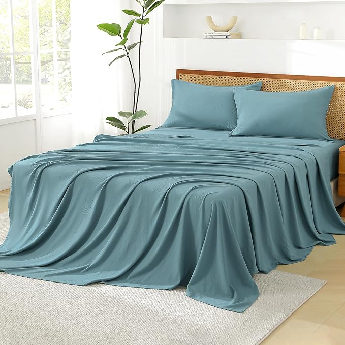 Litanika Super King Plus Size Comforter Set with Sheets Grayish Teal - 7 Pieces Bed in a Bag Oversized King Boho Tufted Complete Bedding Sets with Comforter, Sheets, Pillowcases & Shams