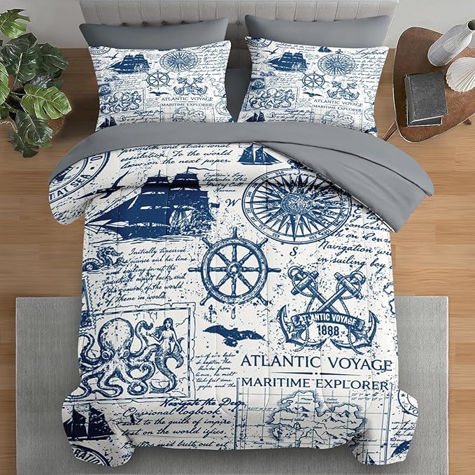 Comforter Set Queen Size, Nautical Anchor Sailor Grey 7 Pcs Bedding for Kids and Adults, Ocean Vintage Sea Bed Sheet Sets with Fitted Sheet 2 Pillowcases & 2 Shams for Bedroom Bed Decor