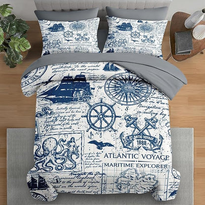 Comforter Set Queen Size, Nautical Anchor Sailor Grey 7 Pcs Bedding for Kids and Adults, Ocean Vintage Sea Bed Sheet Sets with Fitted Sheet 2 Pillowcases & 2 Shams for Bedroom Bed Decor