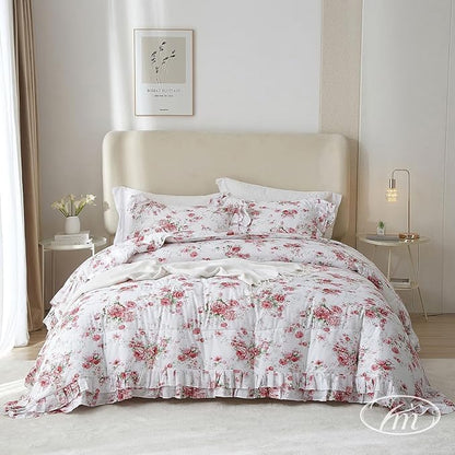 Ruffle Comforter Set Full Pink Red Floral Comforter Princess Lace Floral Bedding Set Soft Microfiber Botanical Bedding Comforter Set 1 Flower Ruffled Comforter with 2 Pillowcases for Teen Girls