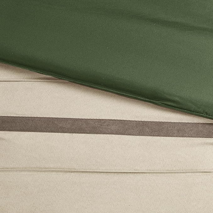 Madison Park Palmer Comforter Set-Luxury Faux Suede Design, Striped Accent, All Season Down Alternative Bedding, Matching Shams, Decorative Pillow, Bed Skirt, Queen (90 in x 90 in), Green 7 Piece