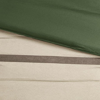 Madison Park Palmer Comforter Set-Luxury Faux Suede Design, Striped Accent, All Season Down Alternative Bedding, Matching Shams, Decorative Pillow, Bed Skirt, Queen (90 in x 90 in), Green 7 Piece