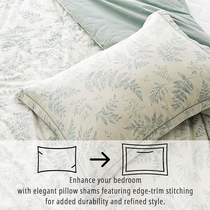 Botanical Cotton Comforter Queen Size - Dusty Green Comforter Printed with Luxurious Greyish-Green Ferns on Beige,Reversible Lightweight Bedding Sets 3Pcs(90"×90")
