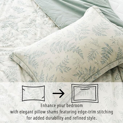 Botanical Cotton Comforter Queen Size - Dusty Green Comforter Printed with Luxurious Greyish-Green Ferns on Beige,Reversible Lightweight Bedding Sets 3Pcs(90"×90")