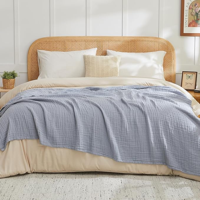 EMME Cotton Muslin King Blanket Big Oversized Bed Layering Bedspread Coverlet Breathable Gauze Soft Lightweight Blankets (Dusty Blue, 120"x94")