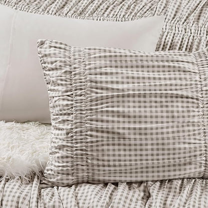 Intelligent Design Ella Queen Comforter Set – Ruched Gingham Shabby Chic Bedding, Bow-Tie Detail, All Season Lightweight 3 Piece Bedding Set, Sham, Full/Queen, Brown