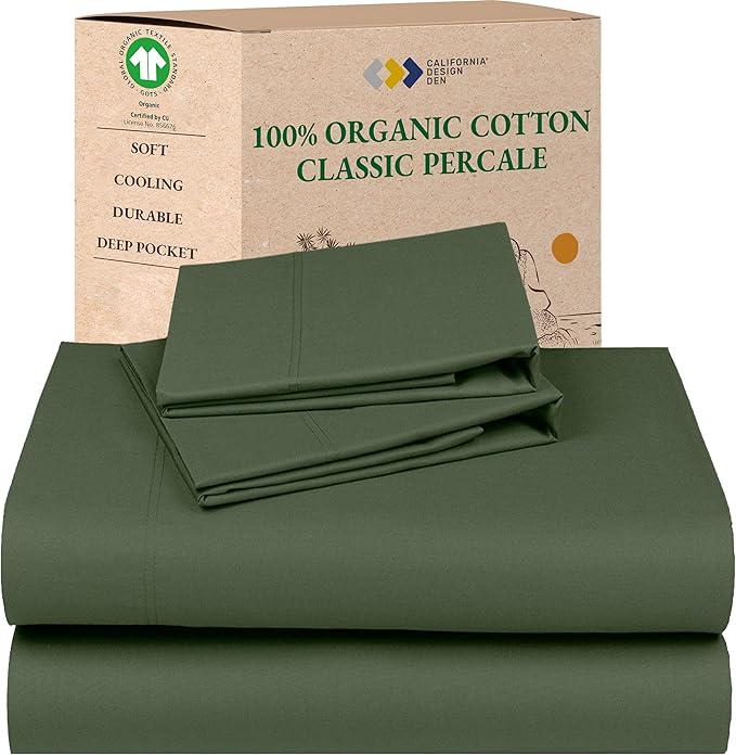 California Design Den Full Size Sheets Set - Soft 100% Organic Sheets with Deep Pockets, Crisp Percale, Breathable and Durable Bedding Set - Olive Green