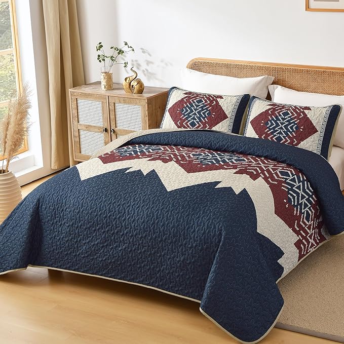 Dintszyayue Blue and Red Quilt Set King Size Boho,3 Piece Aztec Texture Bedspread Coverlet Set Soft Lightweight Bedding Set Geometric Bohemian Bedspread with 2 Pillowcases(Blue Red,90"x103")