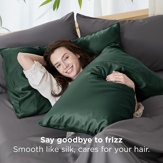 Bedsure Pillow Cases Standard Size, Cooling Pillow Cases, Rayon Derived from Bamboo Forest Green Pillowcases Standard Set of 2, PureWoven Silky Soft Pillow Covers with Envelope Closure, 20x26 Inches