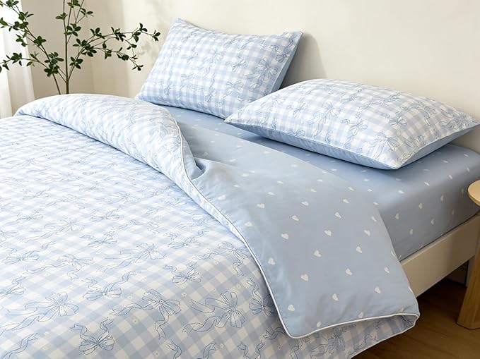 Blue Plaid Bow Comforter Set Twin Size, 2 Pcs Checkered Gingham Bedding Set Love Heart Reversible Comforter with 1 Pillowcase, 68"x86"