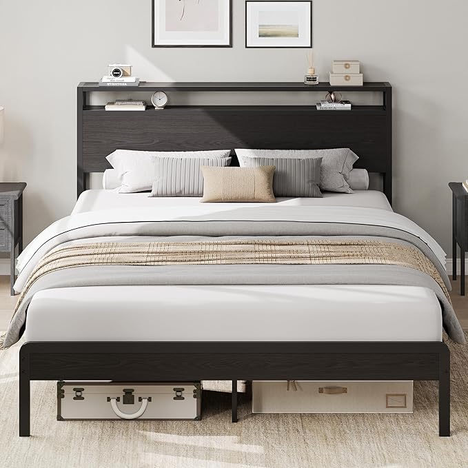 LIKIMIO Queen Bed Frame with Headboard, Dark Wood Camas Queen with Strong Supports, Sturdy, Noise-Free, No Box Spring Needed, Classic Black