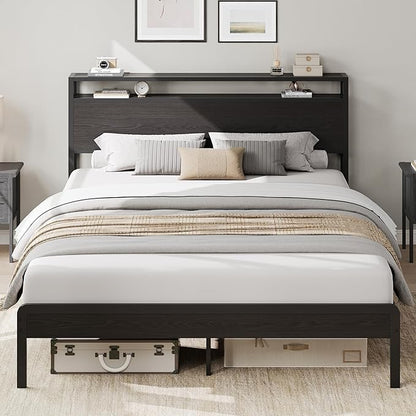 LIKIMIO Queen Bed Frame with Headboard, Dark Wood Camas Queen with Strong Supports, Sturdy, Noise-Free, No Box Spring Needed, Classic Black