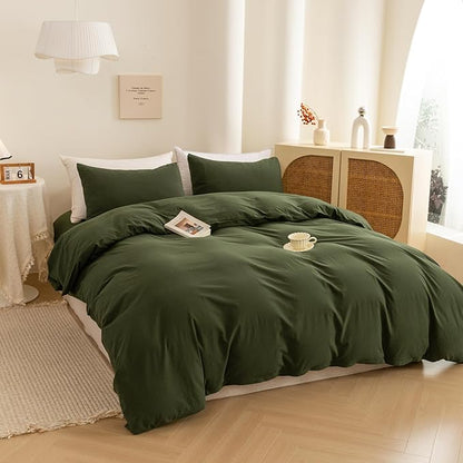 ECOCOTT 3 Pieces Duvet Cover Queen Size 100% Washed Cotton 1 Duvet Cover with Zipper and 2 Pillowcases, Ultra Soft and Easy Care Breathable Cozy Simple Style Bedding Set (Avocado Green)