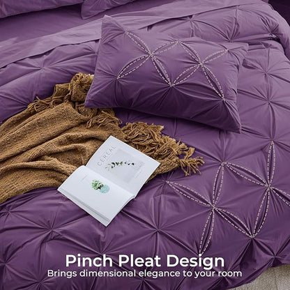 Sasttie Full Size Comforter Set, 7-Piece Bed in a Bag Double, Pintuck Bedding Set for All Season, Includes Comforter, Flat Sheet, Fitted Sheet, Pillowcases and Pillowshams, Grape Purple