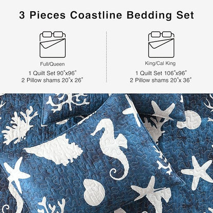 HORIMOTE HOME Coastal Quilt Bedding Set Queen Size, Reversible Navy Summer Beach Quilt Lightweight Ocean Nautical Comforter Tropical Bedspread Coverlet with 2 Pillow Shams for All Seasons (90"x96")