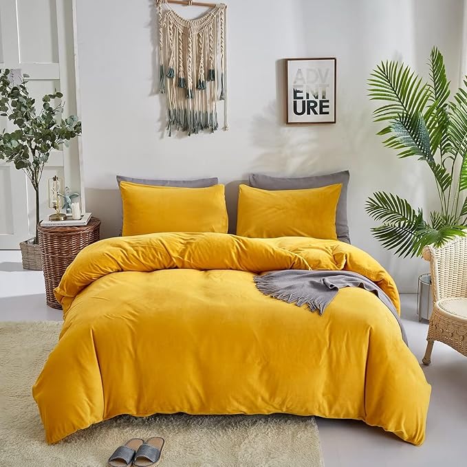 Houseri Velvet Comforter Set - Twin Girls & Boys Fluffy Bedding - Dark Yellow Sherpa & Mustard Fuzzy Flannel Plush Comforters