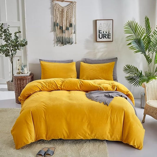 Houseri Velvet Comforter Set - Twin Girls & Boys Fluffy Bedding - Dark Yellow Sherpa & Mustard Fuzzy Flannel Plush Comforters