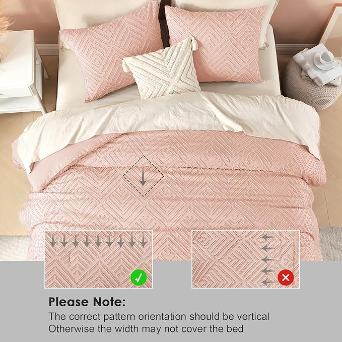 Litanika Blush Pink King Size Comforter Set, 3 Pieces Tufted Boho Farmhouse Bedding Comforter Sets, Lightweight Fluffy Comforter Bed Set for All Season (104x90In Comforter and 2 Pillowcases)