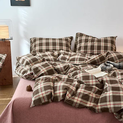 EAVD Vintage Brown Buffalo Plaid Comforter Set Full Soft 100% Washed Cotton Brown&Red&Green Grid Checkered Bedding Set with 2 Pillowcases Retro Gingham Comforter Set for All-Season