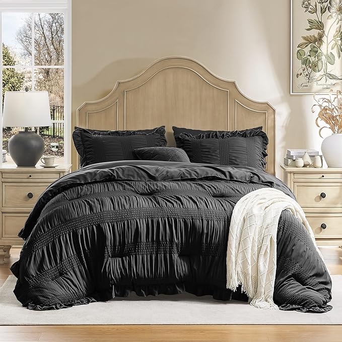 Queen Comforter Set Seersucker 7 Pieces Luxury Ruffle Bed in a Bag Queen Size for All Season Black Bedding Set with Comforter, Pillowcases, Flat Sheet, Fitted Sheet and Pillow Shams