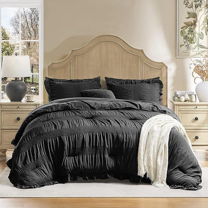 Queen Comforter Set Seersucker 7 Pieces Luxury Ruffle Bed in a Bag Queen Size for All Season Black Bedding Set with Comforter, Pillowcases, Flat Sheet, Fitted Sheet and Pillow Shams
