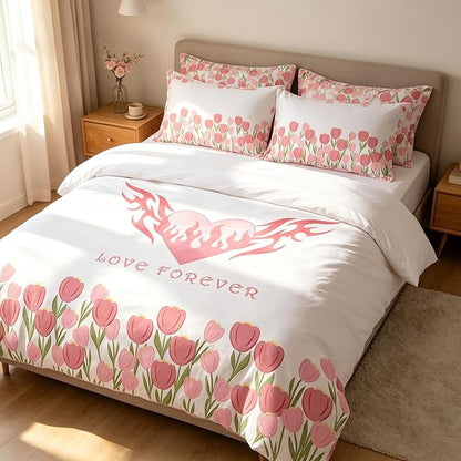 Girls Pink Floral Comforter Set Full Size, Pink Tulip Soft Microfiber Bedding Set with Love Heart Pattern, 3Pieces All Season Lightweight Summer Comforter Set for Girls