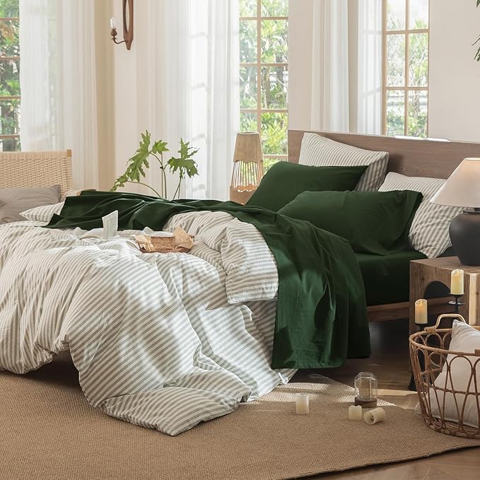 MooMee Fitted Bottom Sheet Only 100% Washed Cotton Linen Like Textured Breathable Durable Soft Comfy Deep Pocket Fits Mattress up to 17" (Forest Green, Twin)