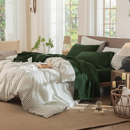 MooMee Fitted Bottom Sheet Only 100% Washed Cotton Linen Like Textured Breathable Durable Soft Comfy Deep Pocket Fits Mattress up to 17" (Forest Green, Twin)