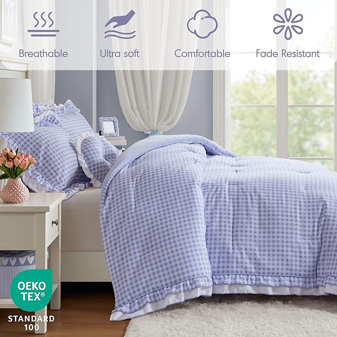 Intelligent Design Rowena Full Comforter Set – Blue Gingham Ruffled Bedding, Vintage Farmhouse Style, Reversible All Season 4-Piece Bedding Set, Full/Queen, Gift for Her
