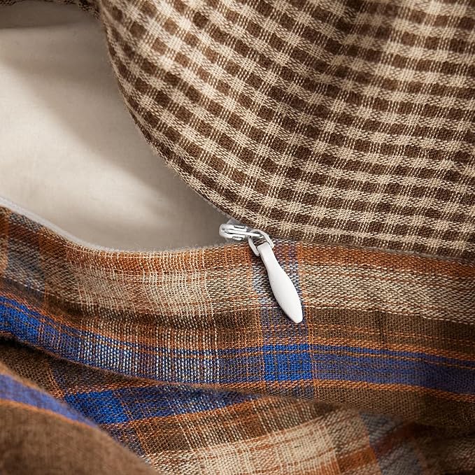 EAVD Vintage Style Brown&Blue Plaid Duvet Cover Full Soft 100% Muslin Cotton Brown Green Blue Grid Checkered Plaid Bedding Set with 2 Pillowcases Reversible Gingham Duvet Cover with Zipper