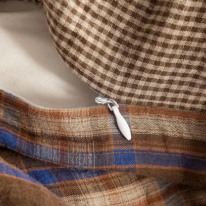 EAVD Vintage Style Brown&Blue Plaid Duvet Cover Full Soft 100% Muslin Cotton Brown Green Blue Grid Checkered Plaid Bedding Set with 2 Pillowcases Reversible Gingham Duvet Cover with Zipper