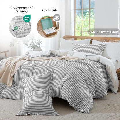 MILDLY Grey Striped Duvet Cover - 100% Washed Cotton Jacquard Textured Comforter Cover with Dual Zipper Closure & 8 Coner Ties