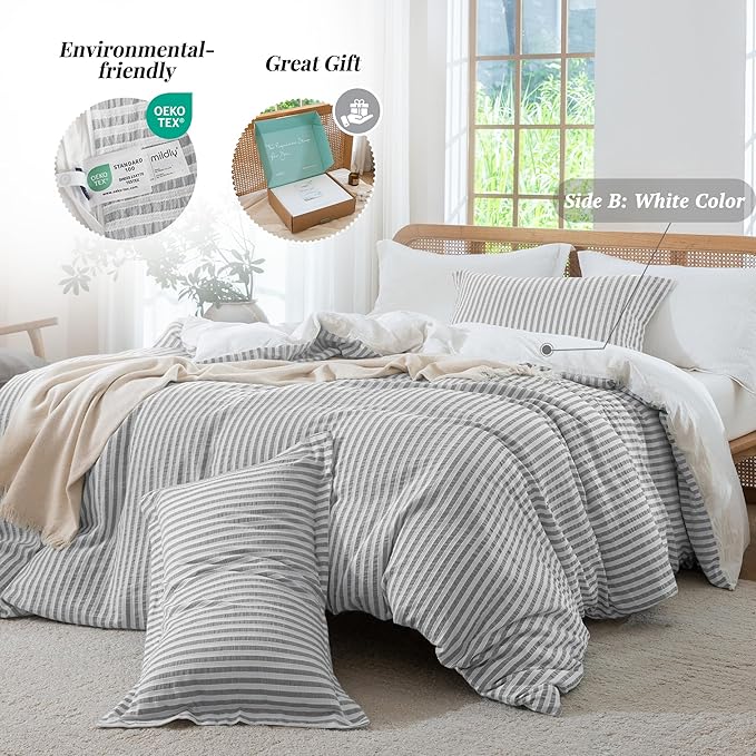 MILDLY Grey Striped Duvet Cover - 100% Washed Cotton Jacquard Textured Comforter Cover with Dual Zipper Closure & 8 Coner Ties