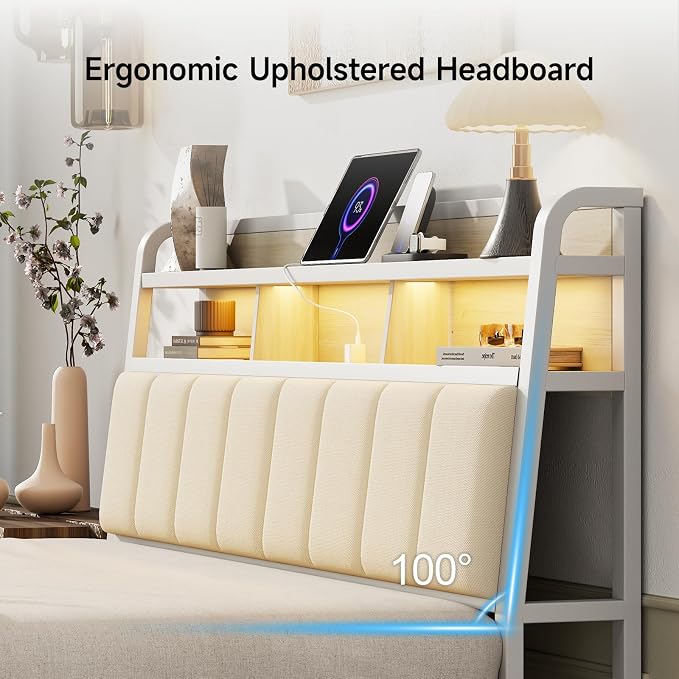 Queen Headboard Only with Storage, Upholstered Headboards for Queen Size Bed with LED Light, Charging Station, Height Adjustable, Sturdy and Stable Headboard, Off White