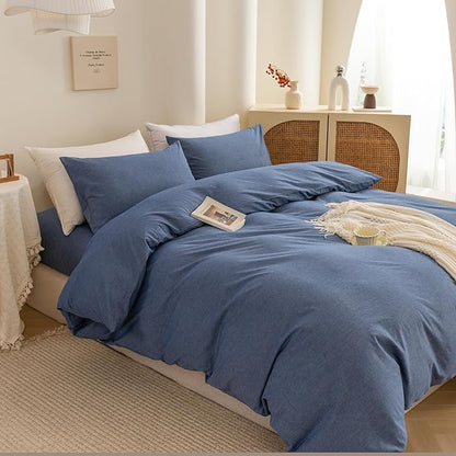 ECOCOTT Denim Blue Duvet Cover King Size, 100% Washed Cotton 1 Duvet Cover with Zipper and 2 Pillowcases, Ultra Soft and Easy Care Breathable Cozy Bedding Set (Denim Blue, King)
