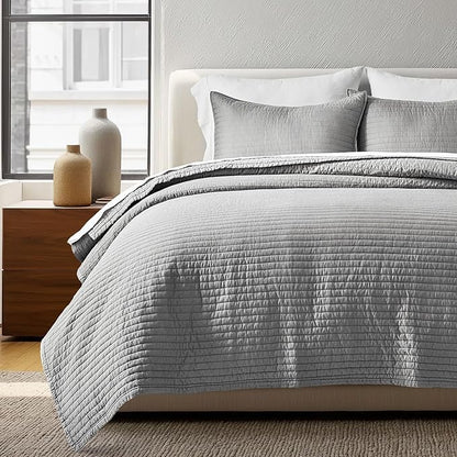 EVERGRACEHOME Cotton Sateen Quilt Set King Size, Pre-Washed Cotton Channel Stitch Coverlet Bedspread, 3 Pieces Lightweight Soft Bedding Sets for All Season, with 2 Pillow Shams, Fog Gray